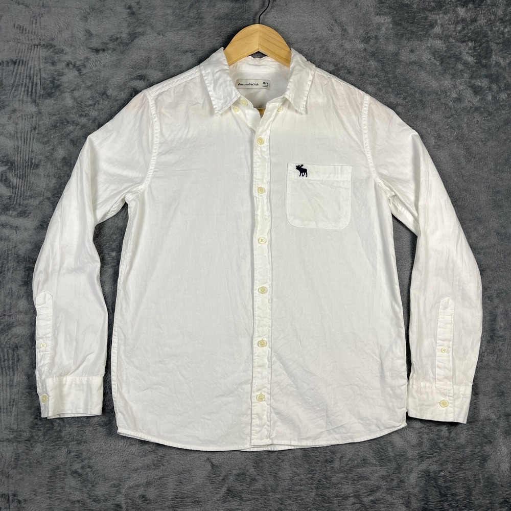 Abercrombie Kids Shirt 13/14 White Embroidered Moose Logo Long Sleeve Button Up